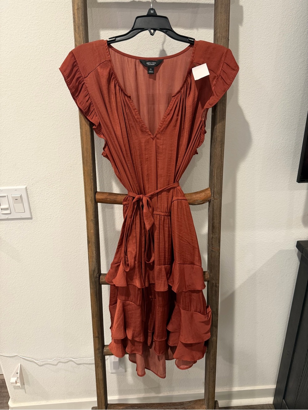 Vera Wang Rust Red High-Low Ruffle Tiered Dress